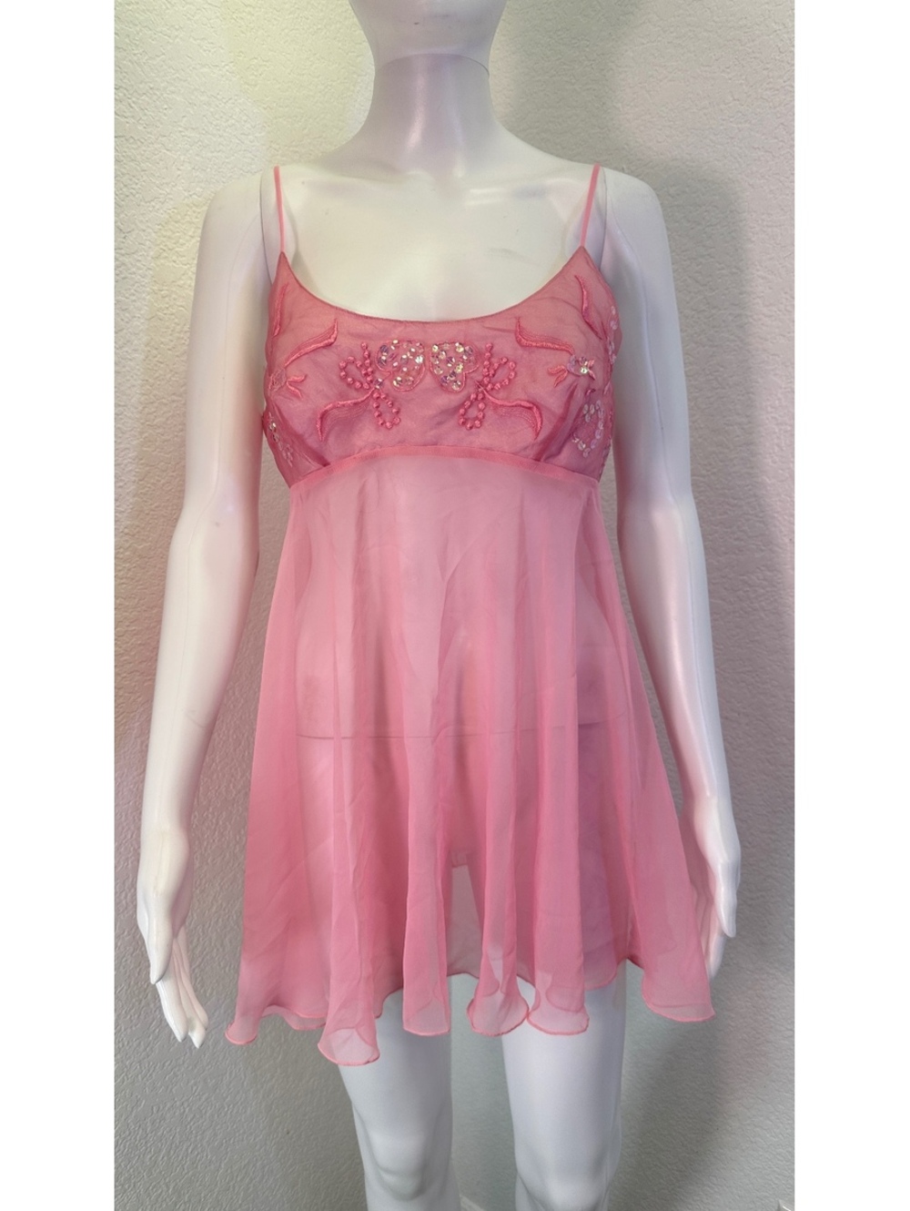 Y2K VTG Women’s Sz M Victoria’s Secret Pink Mesh Babydoll Slip Fairycore